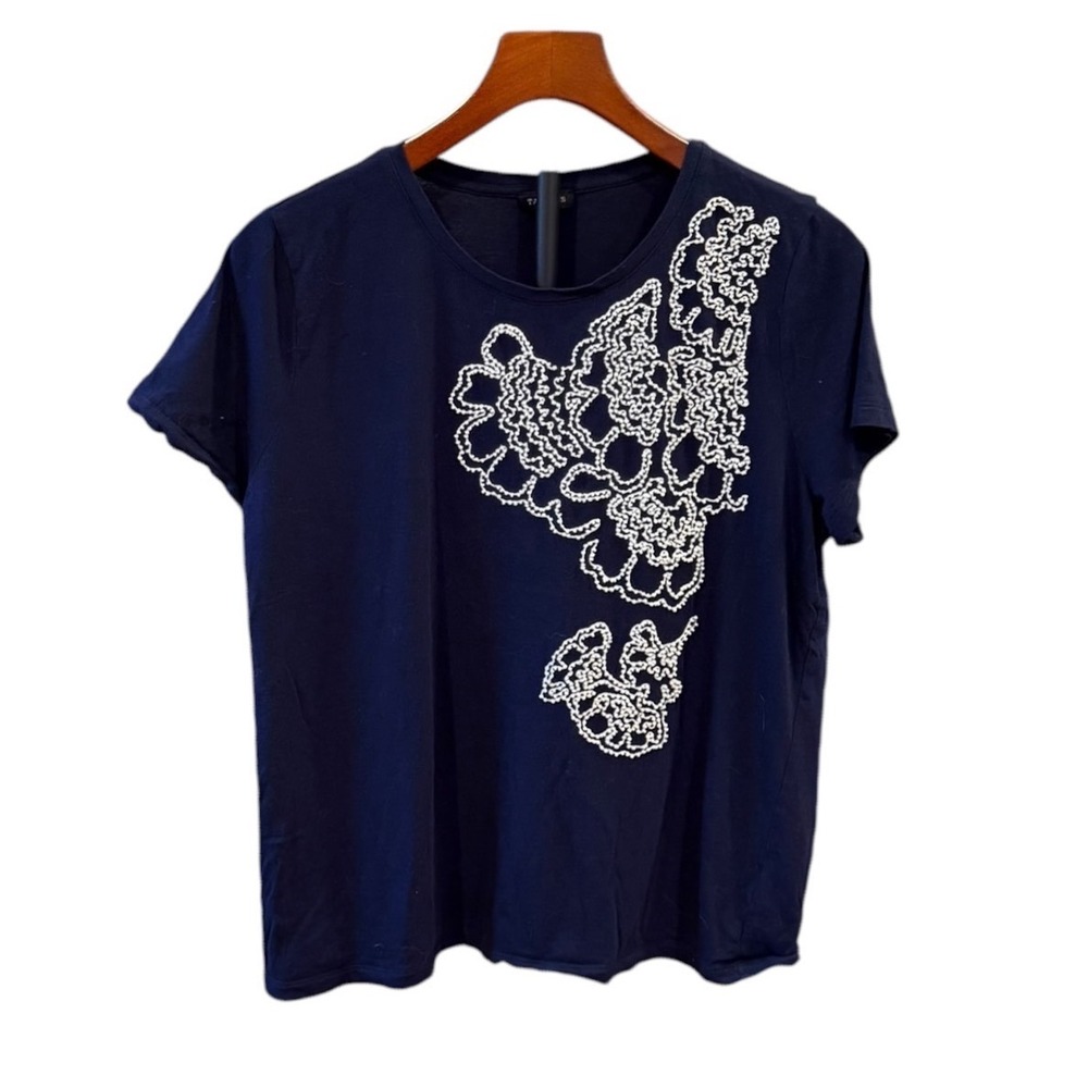 Talbots Womens XL Navy Blue Embroidered Short Sleeve Cotton Modal Tee Shirt prep